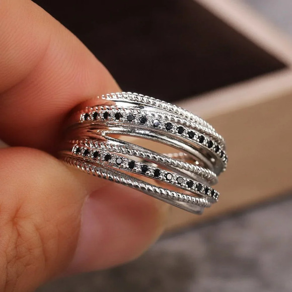 ▶Multi Layer Stacking Black Zircon Sterling Silver Plated Ring for Women, L037 - Picture 3 of 6